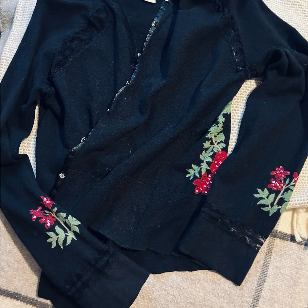 Anthropologie- Vintage Black Cardigan with Red Floral Embroidery